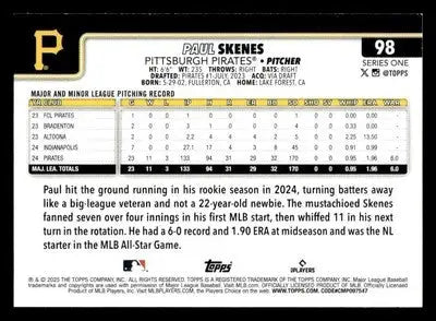 Back of 2025 Topps Paul Skenes baseball card showing pitching record and player details