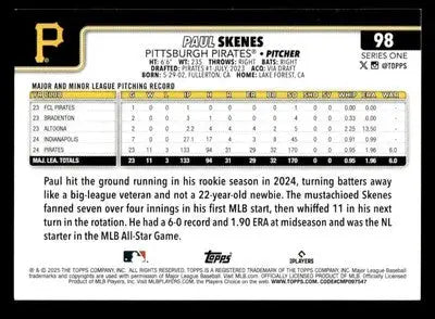 Back of a 2025 Topps Paul Skenes baseball card featuring Pittsburgh Pirates player