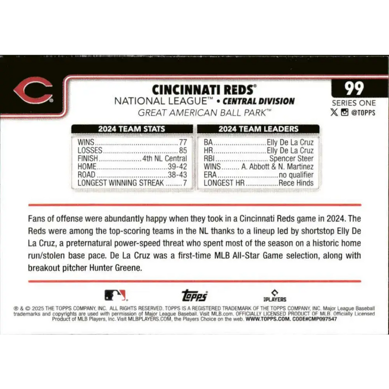 2025 Topps #99 Cincinnati Reds NM-MT Cincinnati Reds Baseball Card - Baseball Card Single