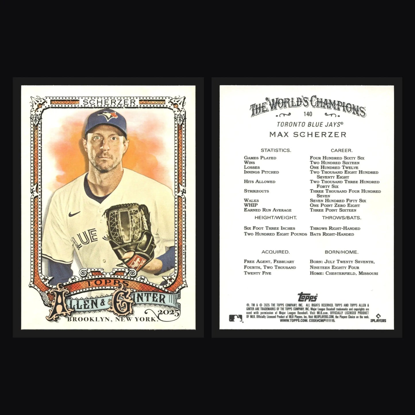 2025 Topps Allen & Ginter #140 Max Scherzer Toronto Blue Jays