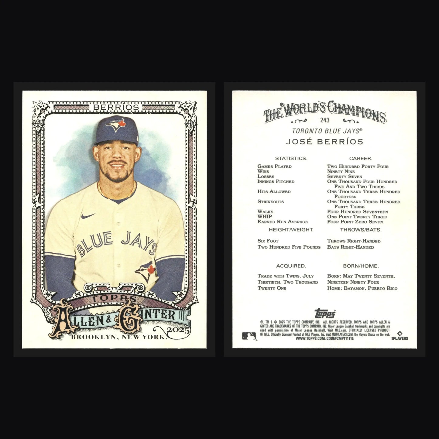 2025 Topps Allen & Ginter #243 Jose Berrios Toronto Blue Jays - Baseball Card Single