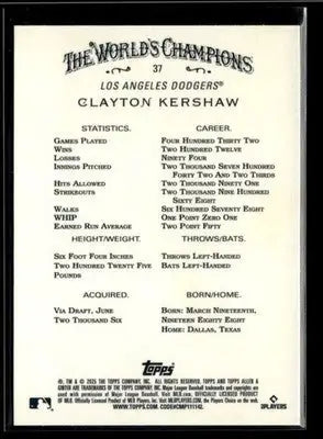 2025 Topps Allen & Ginter Clayton Kershaw #37 Chrome Los Angeles Dodgers