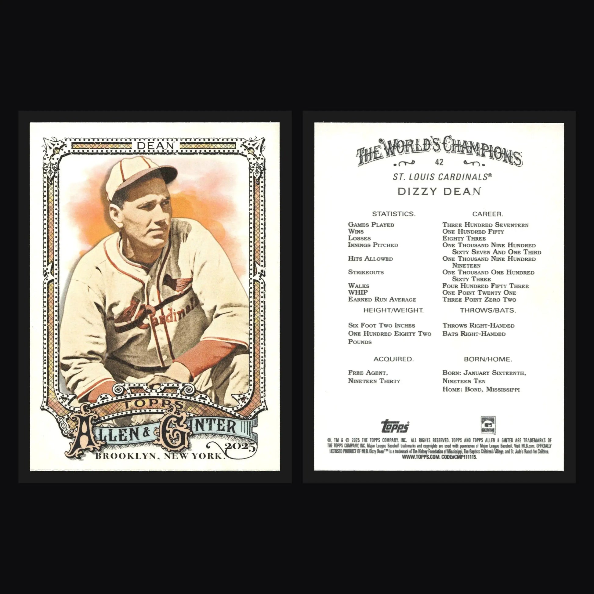 2025 Topps Allen & Ginter Dizzy Dean #42 St. Louis Cardinals HOF - Baseball Card Single
