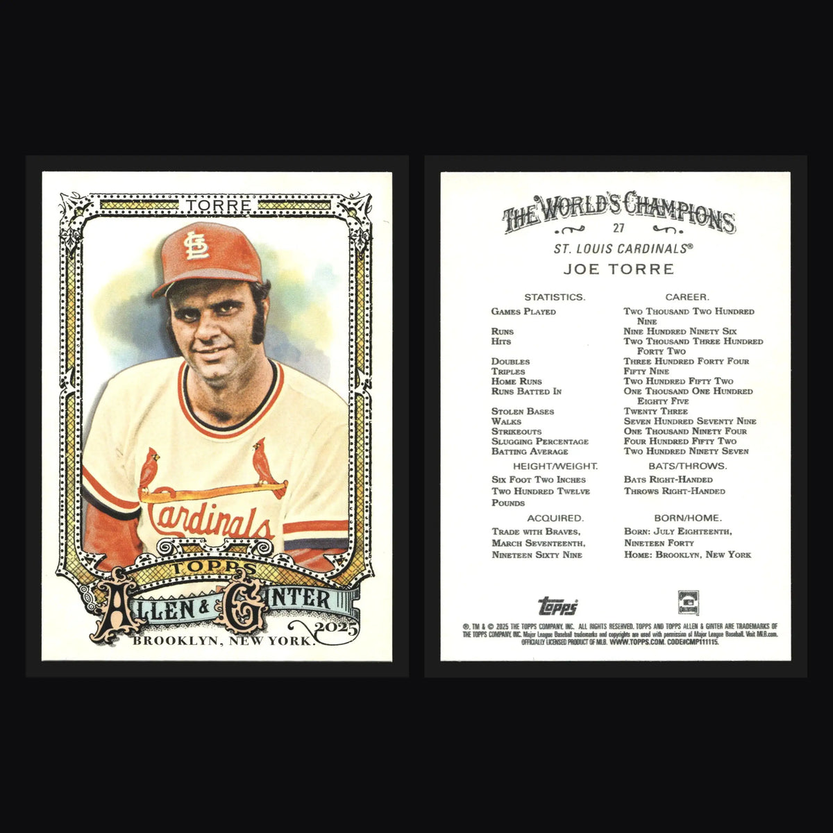 2025 Topps Allen & Ginter Joe Torre #27 St. Louis Cardinals - Baseball Card Single