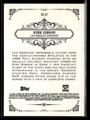 2025 Topps Allen & Ginter Kirk Gibson #SV-27 Sweet Victory Los Angeles Dodgers