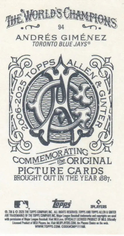 2025 Topps Allen & Ginter mini A&G back #94 Andres Gimenez Toronto Blue Jays - Baseball Card Single