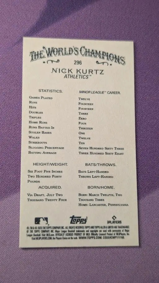 2025 TOPPS ALLEN & GINTER NICK KURTZ MINI RC ROOKIE - Baseball Card Single