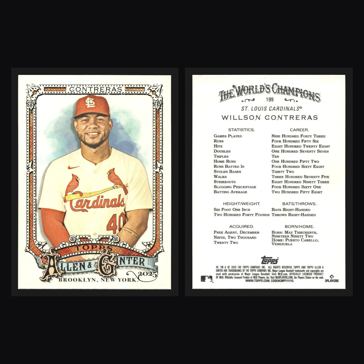 2025 Topps Allen & Ginter Willson Contreras #199 St. Louis Cardinals - Baseball Card Single