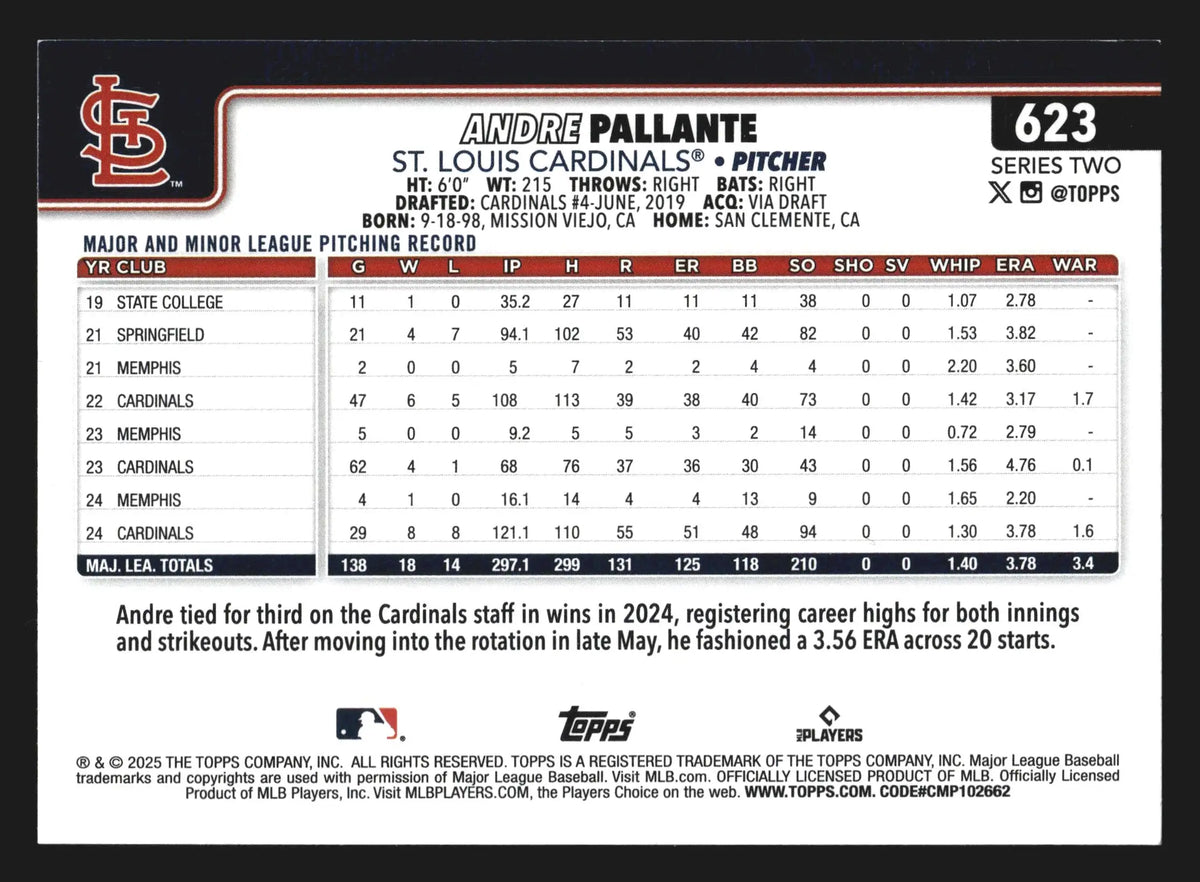2025 Topps Andre Pallante #623 St. Louis Cardinals - Baseball Card Single