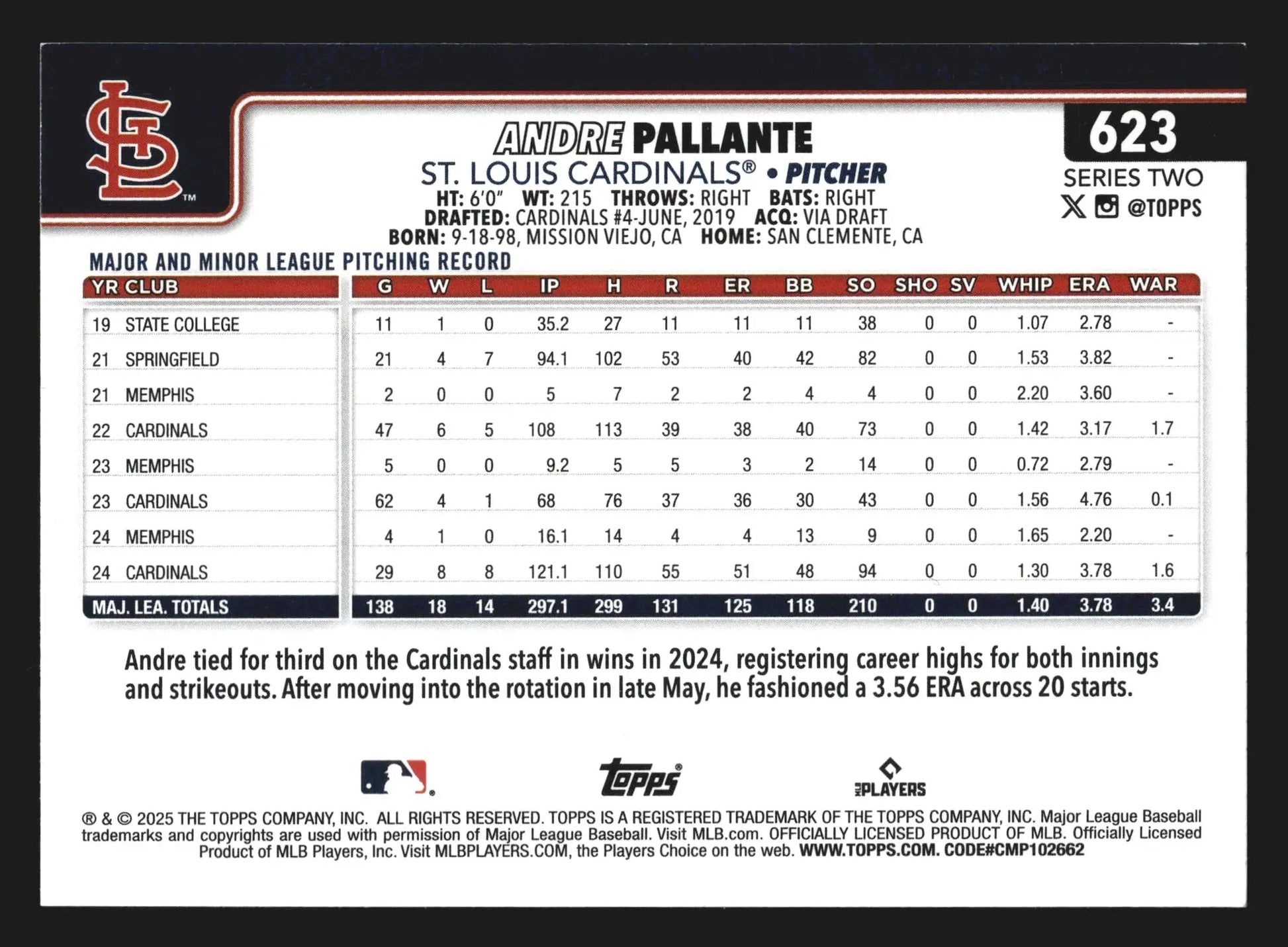 2025 Topps Andre Pallante #623 St. Louis Cardinals - Baseball Card Single