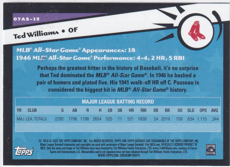2025 TOPPS ARCHIVES #07AS-13 TED WILLIAMS ALL STAR- BOSTON RED SOX