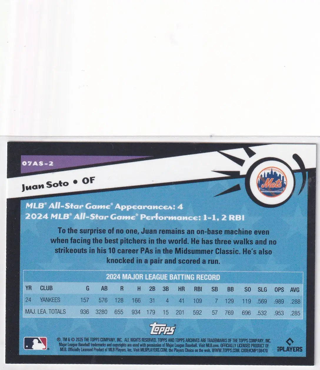 2025 TOPPS ARCHIVES #07AS-2 JUAN SOTO ALL STAR- NEW YORK METS