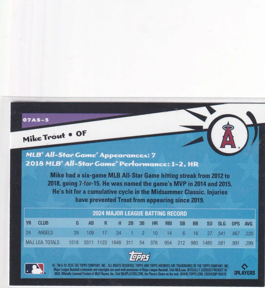 2025 TOPPS ARCHIVES #07AS-3 MIKE TROUT ALL STAR- ANGELS