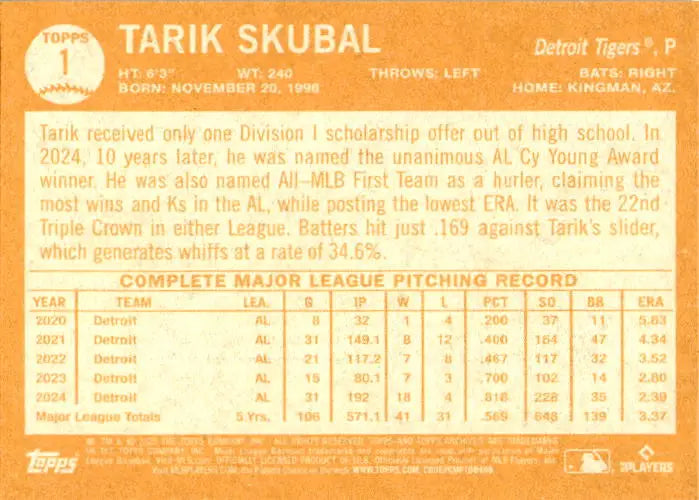 2025 Topps Archives #1 Tarik Skubal - Baseball Card Single