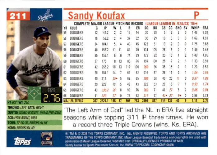 2025 Topps Archives #211 Sandy Koufax - Baseball Card Single
