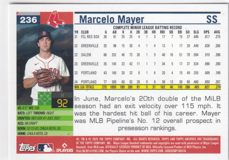 2025 TOPPS ARCHIVES #236 MARCELO MAYER- BOSTON RED SOX