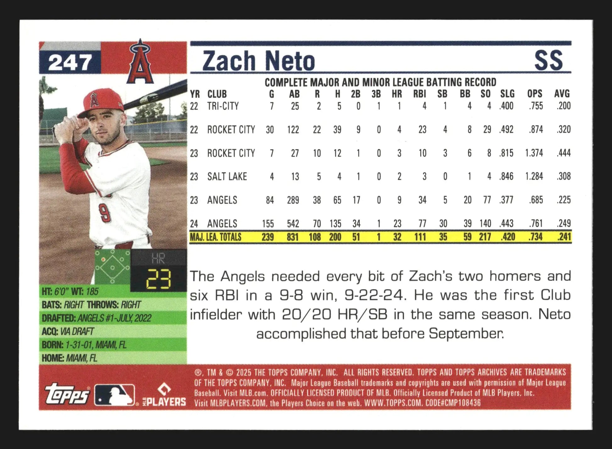 2025 Topps Archives #247 Zach Neto Los Angeles Angels - Baseball Card Single