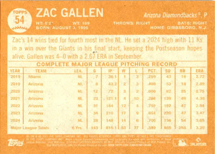 2025 Topps Archives #54 Zac Gallen - Baseball Card Single