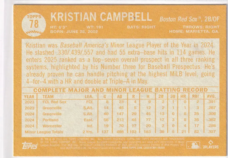 2025 TOPPS ARCHIVES #78 KRISTIAN CAMPBELL- BOSTON RED SOX