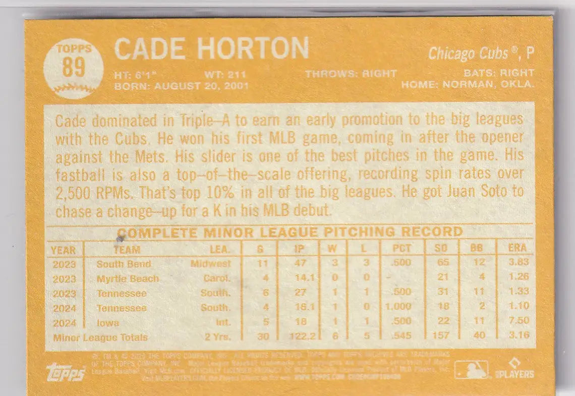 2025 TOPPS ARCHIVES #89 CADE HORTON- CHICAGO CUBS