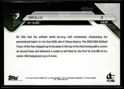 2025 Topps AUSL Now #3 Bri Ellis Star Rookie Logs 1st Hit & RBI - Baseball Card Single