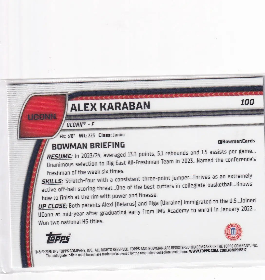 2025 TOPPS BOWMAN CHROME #100 ALEX KARABAN PURPLE- UCONN - Baseball Card Single