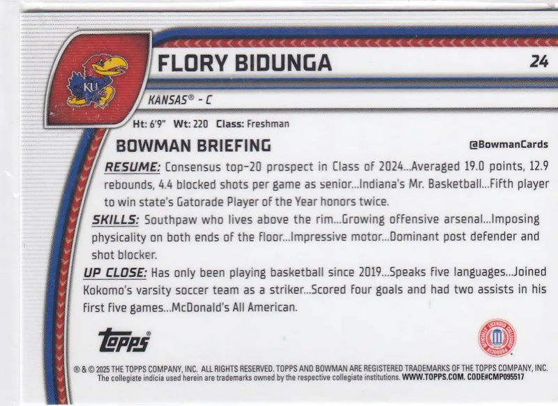 2025 TOPPS BOWMAN CHROME #24 FLORY BIDUNGA GREEN SHIMMER- KANSAS - Baseball Card Single