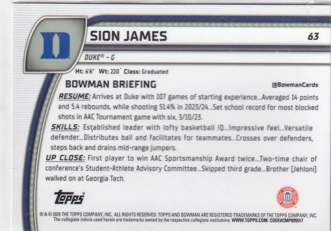 2025 TOPPS BOWMAN CHROME #63 SION JAMES- DUKE - Baseball Card Single