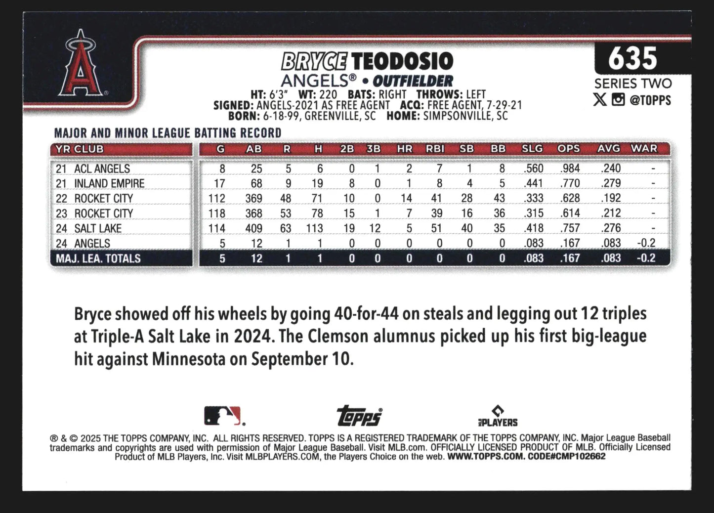 2025 Topps Bryce Teodosio #635 Sandglitter Los Angeles Angels RC - Baseball Card Single