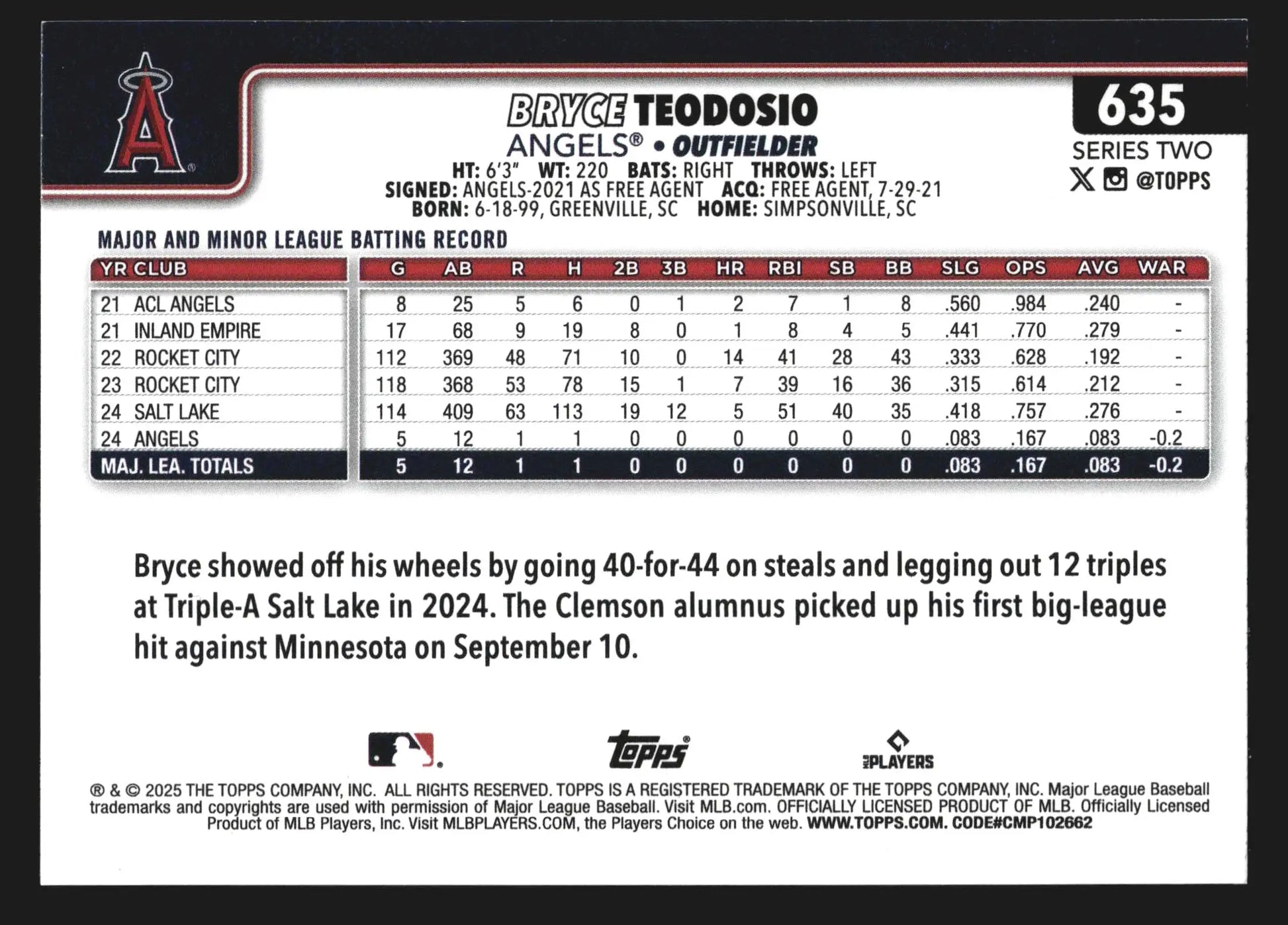 2025 Topps Bryce Teodosio #635 Sandglitter Los Angeles Angels RC - Baseball Card Single