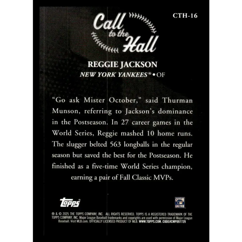2025 Topps Call to the Hall #CTH-16 Reggie Jackson NM-MT New York Yankees Baseball Card - Baseball Card Single