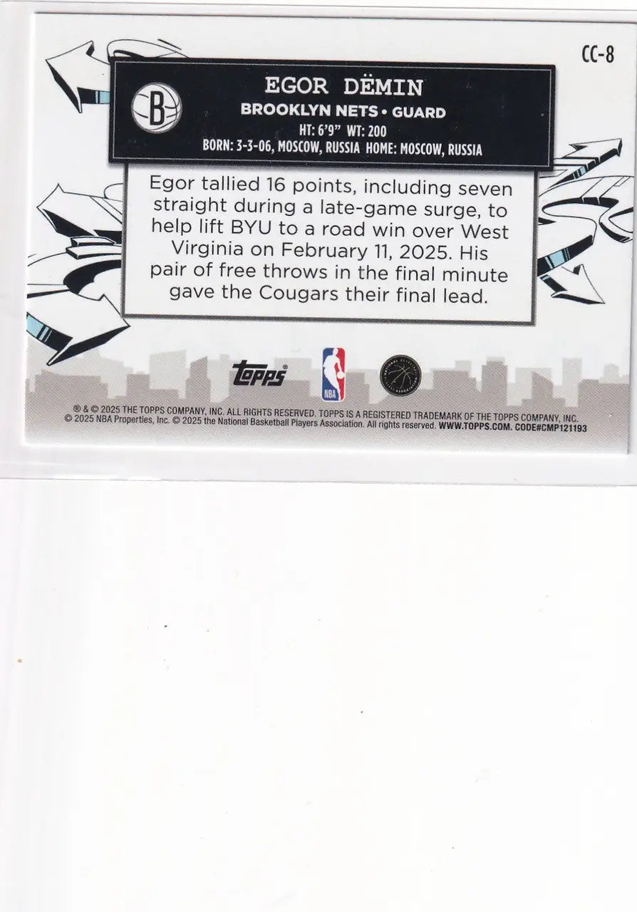 2025 TOPPS #CC-8 EGOR DEMIN CLUTH CITY PROSPECTS- BROOKLYN NETS - Basketball Card Single