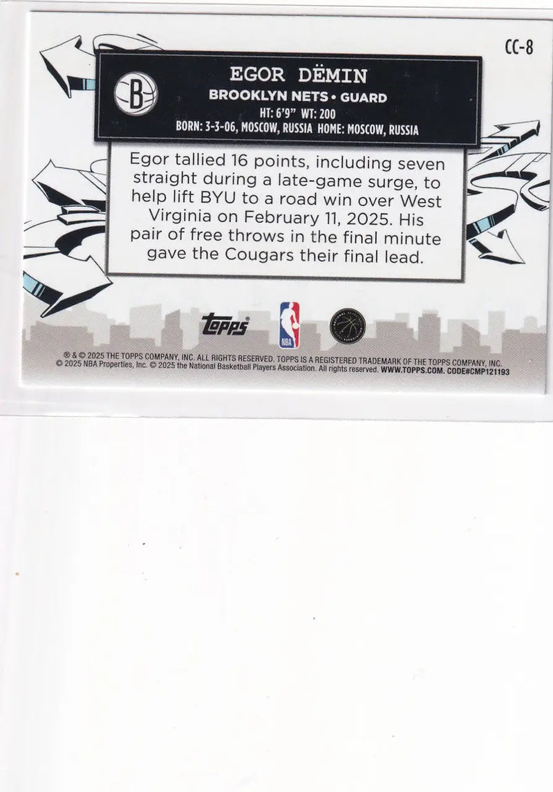 2025 TOPPS #CC-8 EGOR DEMIN CLUTH CITY PROSPECTS- BROOKLYN NETS - Basketball Card Single