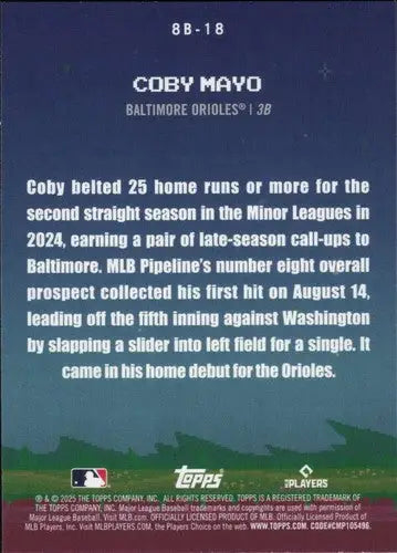 2025 Topps Celebration 8-Bit Ballers #8B-18 Coby Mayo NM-MT Orioles ID:78861 - Baseball Card Single