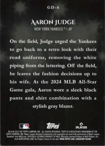 2025 Topps Celebration Gameday Drip #GD-6 Aaron Judge NM-MT Yankees ID:78867 - Baseball Card Single