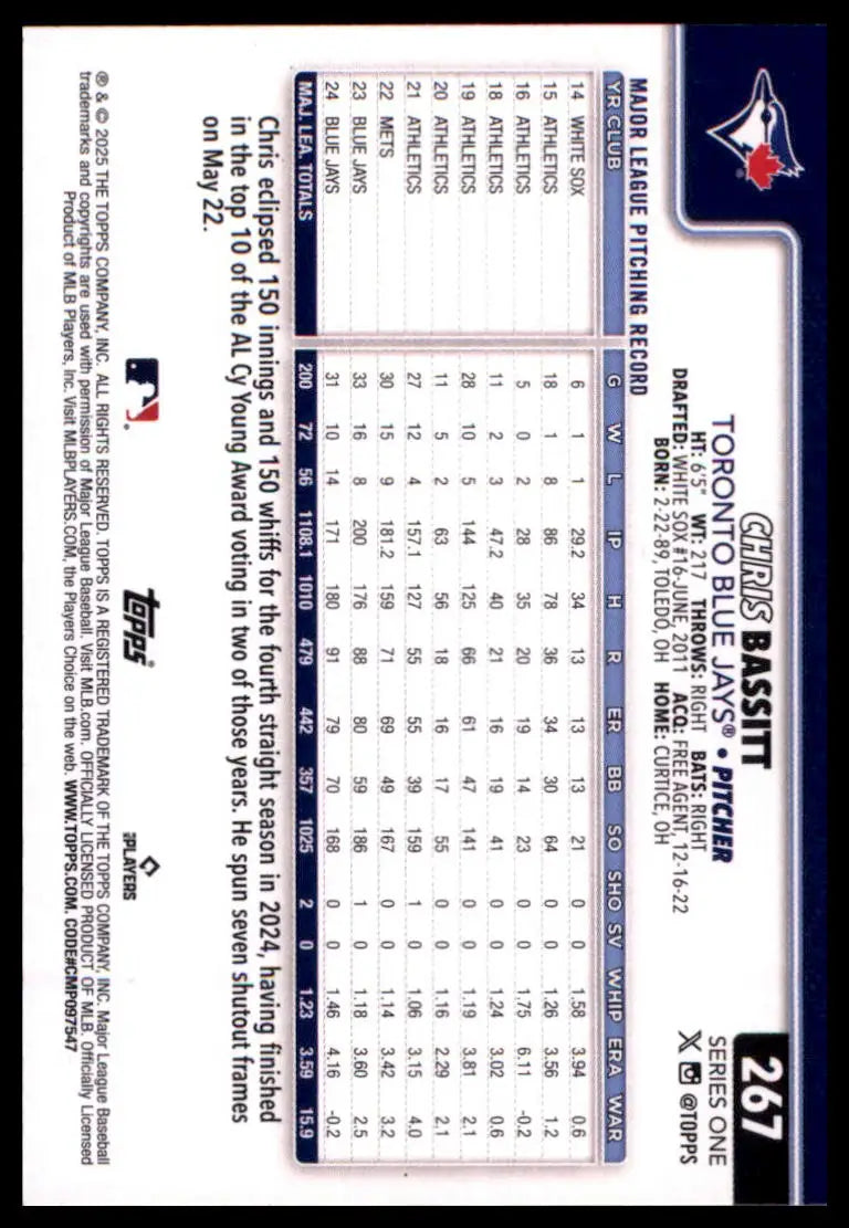 2025 Topps Chris Bassitt 267 Toronto Blue Jays NM - Baseball Card Single