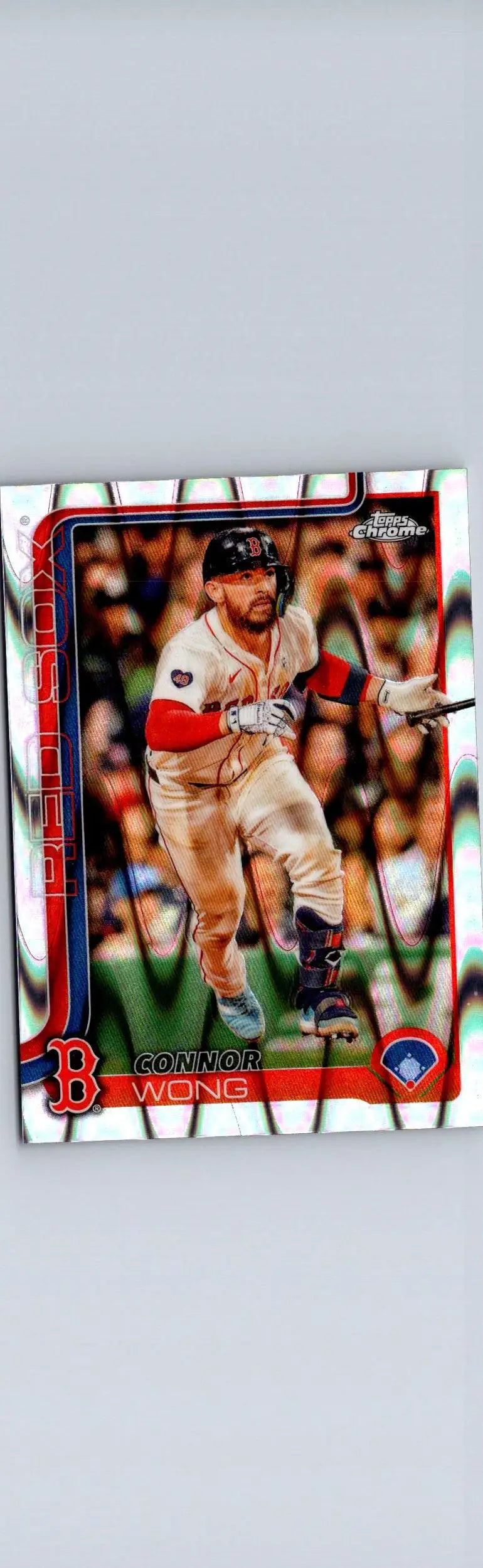 Baseball trading card featuring Connor Wong in Red Sox uniform Wong Raywave Refractors