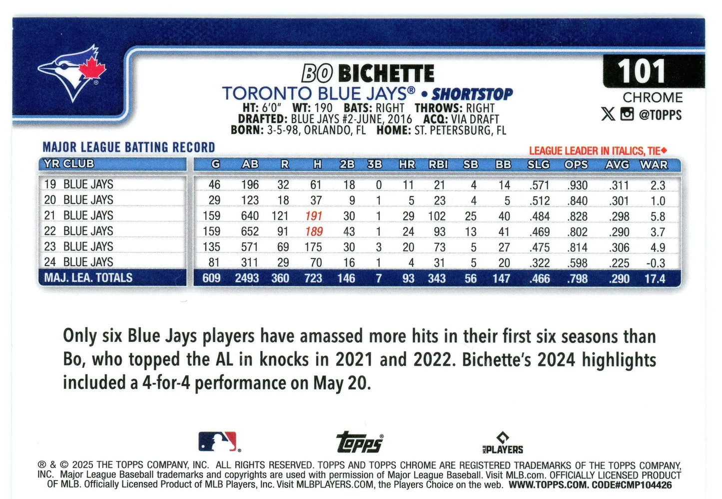 2025 Topps Chrome #101 Bo Bichette Toronto Blue Jays - Baseball Card Single