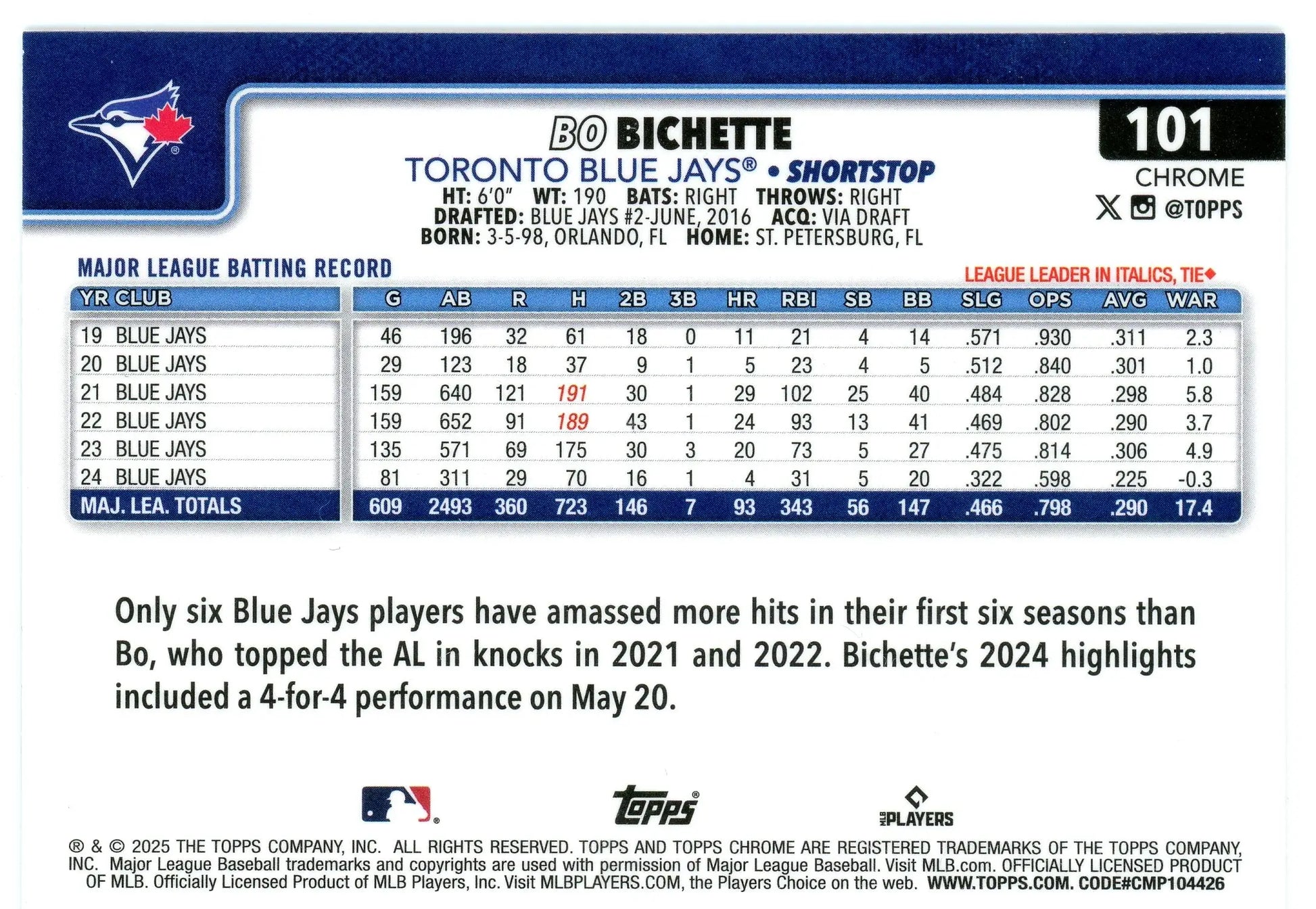 2025 Topps Chrome #101 Bo Bichette Toronto Blue Jays - Baseball Card Single