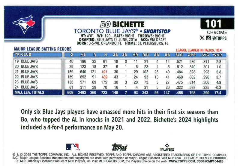 2025 Topps Chrome #101 Bo Bichette Toronto Blue Jays - Baseball Card Single