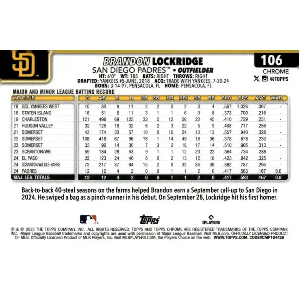 2025 topps Chrome #106 Brandon Lockridge NM-MT RC Rookie San Diego Padres Baseball Card - Baseball Card Single