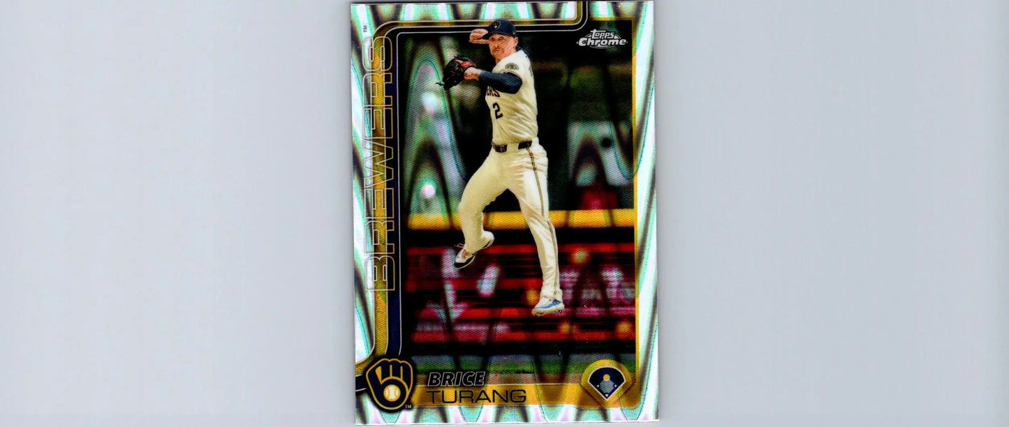 Baseball trading card featuring Brice Turang in uniform mid-throw, 2025 Topps Chrome Raywave Refractors