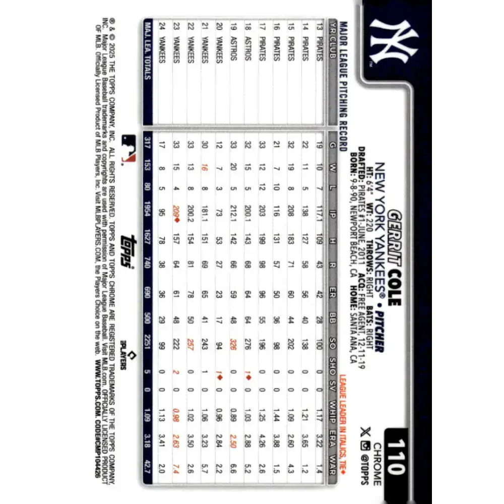 2025 topps Chrome #110 Gerrit Cole NM-MT New York Yankees Baseball Card - Baseball Card Single