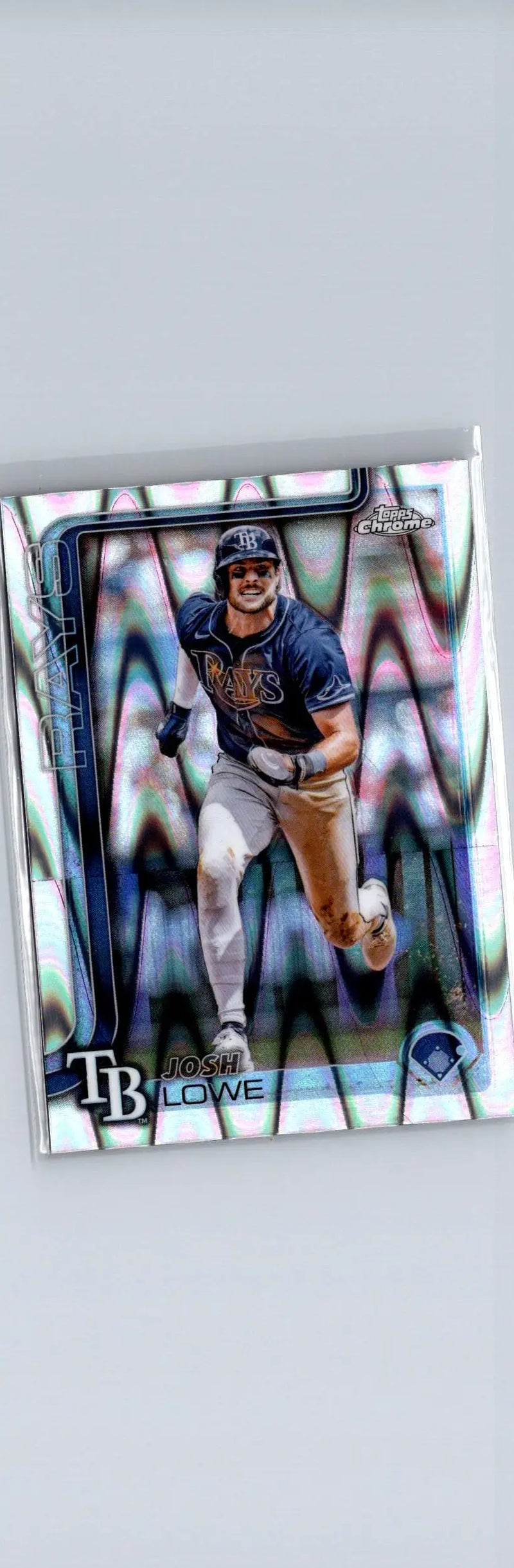 Baseball trading card featuring Josh Lowe in a dynamic pose from 2025 Topps Chrome Raywave Refractors
