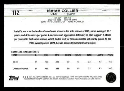 2025 Topps Chrome #112 Isaiah Collier - Basketball Card Single