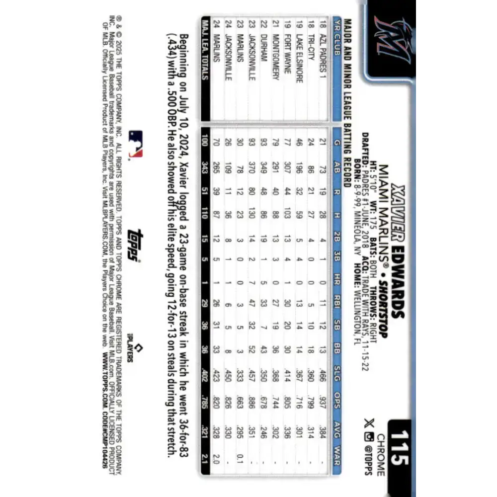 2025 topps Chrome #115 Xavier Edwards NM-MT Miami Marlins Baseball Card - Baseball Card Single