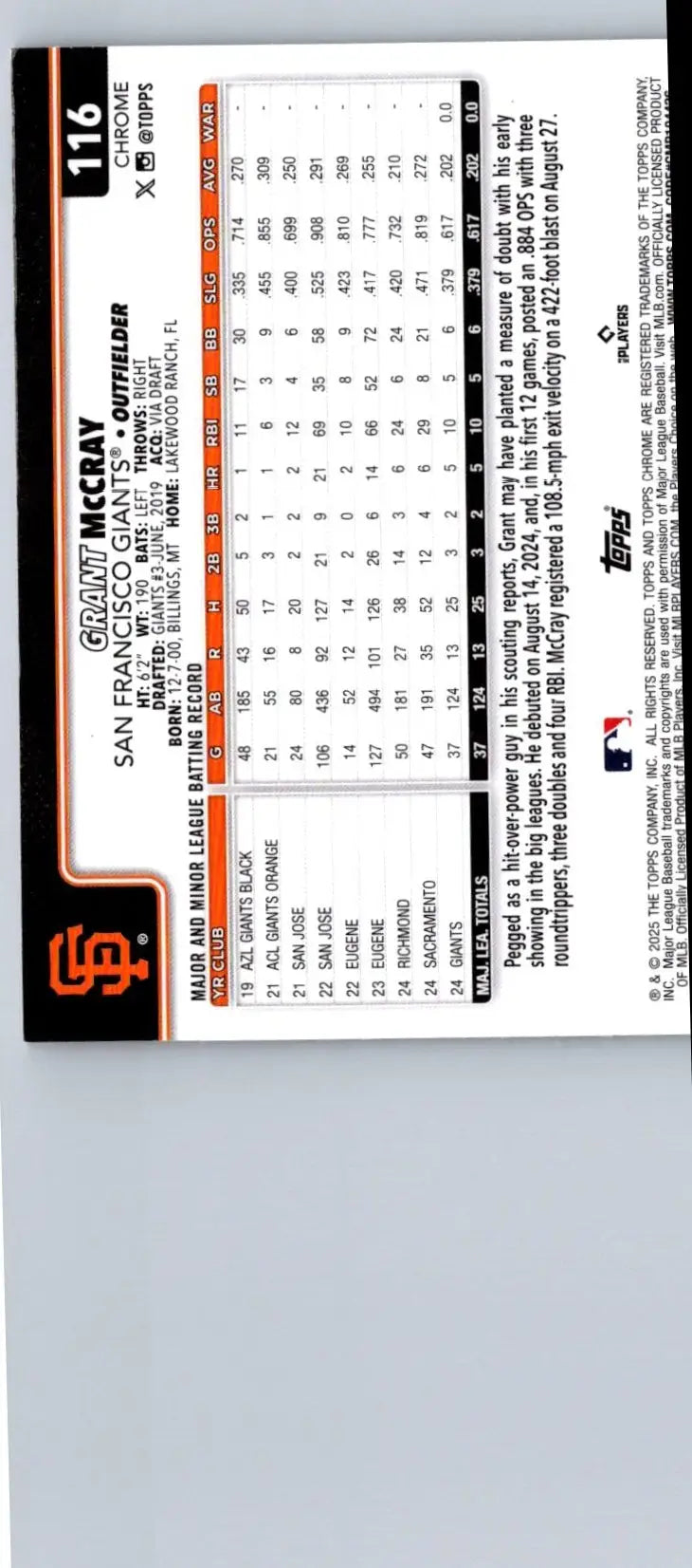 Collectible Grant McCray Sepia Refractors baseball card from 2025 Topps Chrome #116