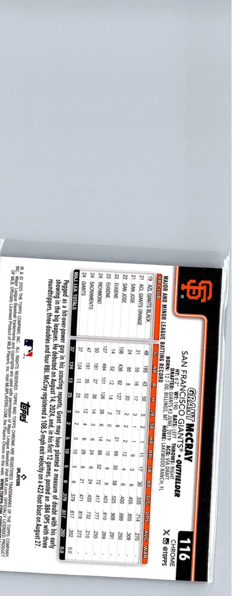 Back of a 2025 Topps Chrome Grant McCray X-Fractors baseball trading card