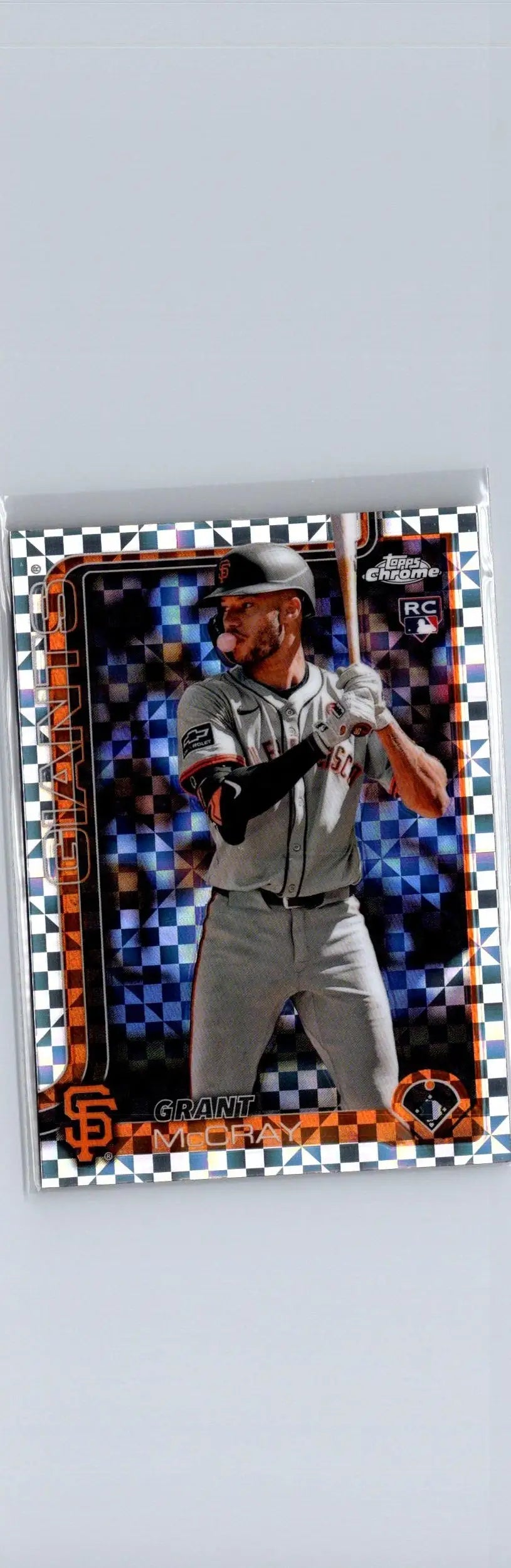 San Francisco Giants Grant McCray 2025 Topps Chrome X-Fractors trading card with checkered pattern