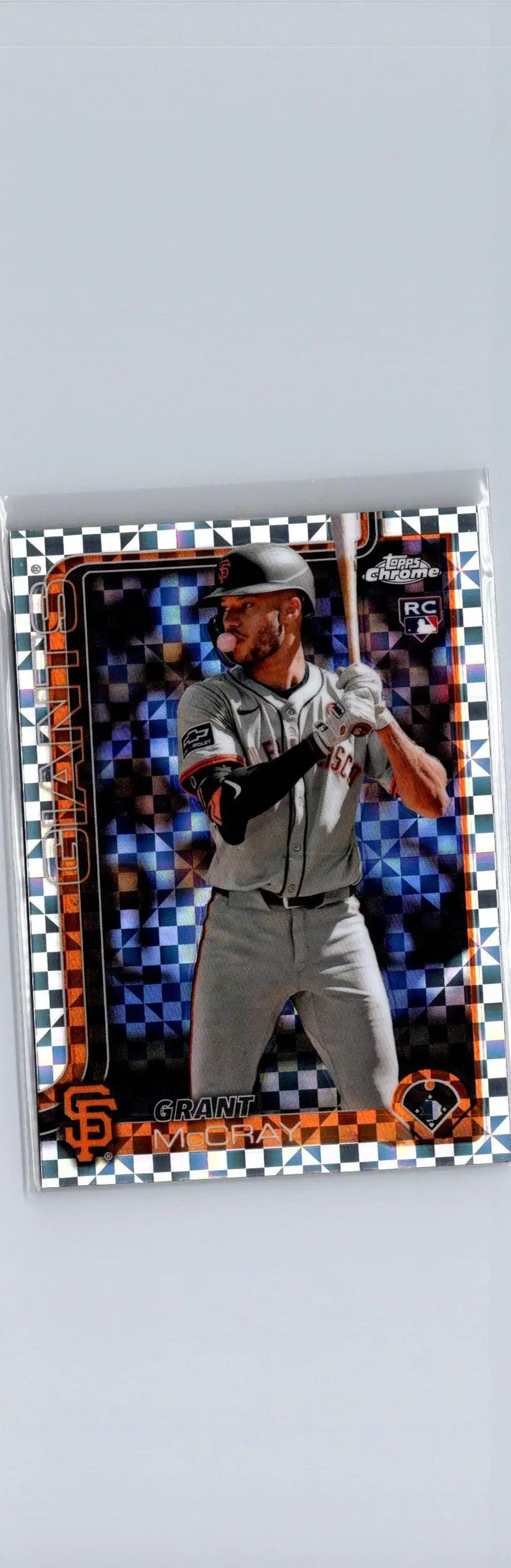 San Francisco Giants Grant McCray 2025 Topps Chrome X-Fractors trading card with checkered pattern